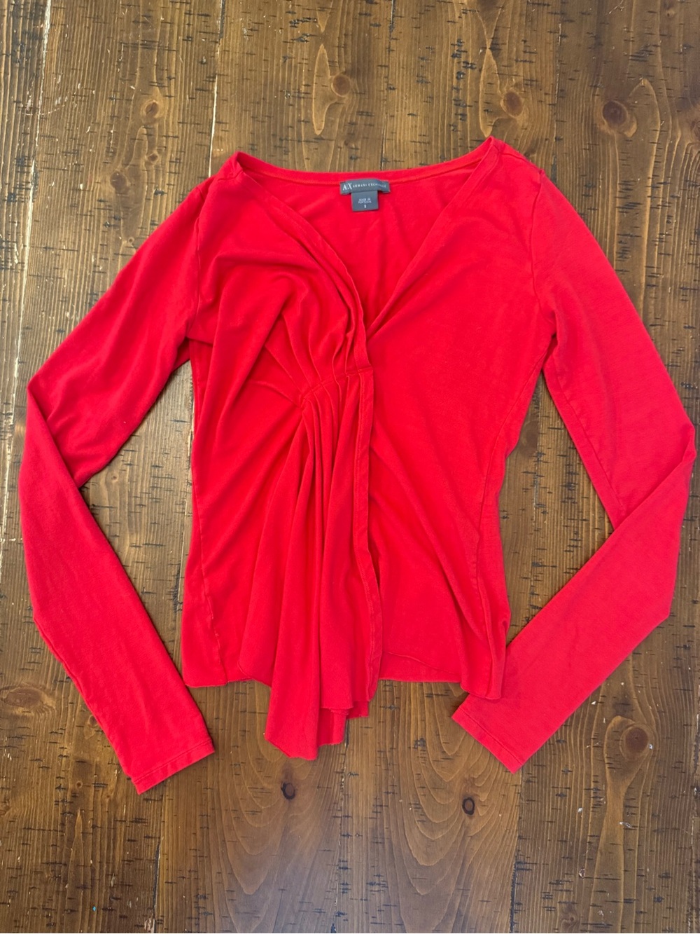 AX Armani Exchange Knit Top Red V-Neck Long Sleeve Top Gathered Sz S Like New